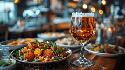 Beer and food pairing, featuring gourmet dishes alongside complementary brews.