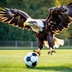 Eagle swooping down towards a soccer ball on a grassy field. The eagle's wings are spread wide, showcasing its feathers.