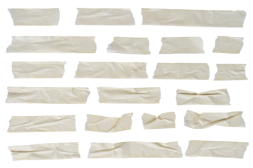 Assorted strips and pieces of masking adhesive tape isolated on a transparent background. Sticky scotch, duct paper. Design elements.