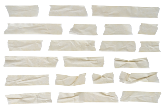Assorted strips and pieces of masking adhesive tape isolated on a transparent background. Sticky scotch, duct paper. Design elements.