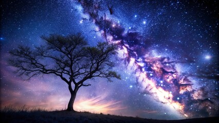 Obraz premium Dark silhouette of a lone tree branch reaches towards a vast starry night sky, twinkling with infinite possibilities in deep shades of indigo and purple.