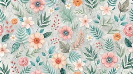 Fototapeta premium Whimsical seamless floral ornament featuring pastel-colored cartoon flowers, lush leaves, and subtle marble texture, perfect for wrapping paper, fabric, or digital design elements.