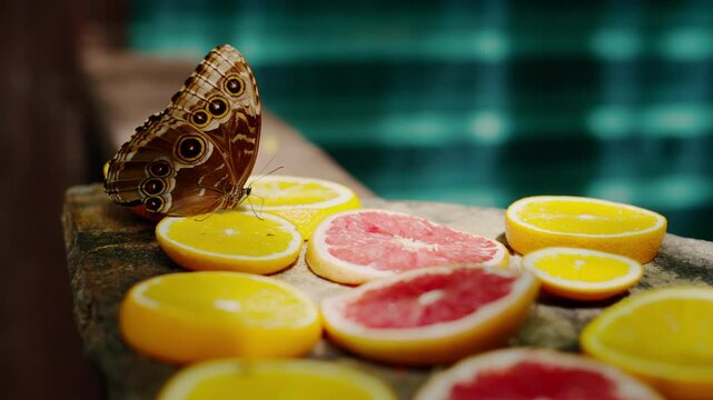 The Menelaus blue morpho butterfly fluttering its wings while eating nectar from oranges