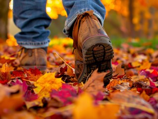 Close-up of boots walking through colorful autumn leaves, capturing the essence of a fall nature walk.