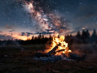 Glowing campfire with the Milky Way galaxy visible in the night sky, creating a serene and magical outdoor scene.