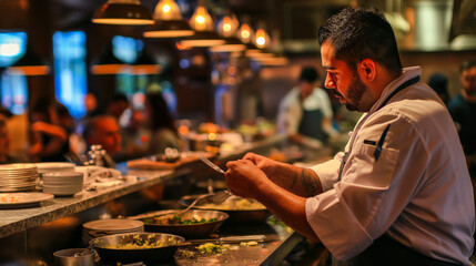 A charismatic chef hosting a live cooking show at the central counter of an open-kitchen restaurant filled with eager patrons