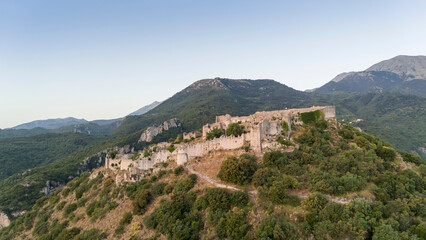 Aerial panoramic view of Sparta city with Taygetus mountains and ancient ruins remains in Peloponnese, Greece