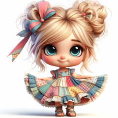 Funny adorable doll cartoon with patchwork dress
