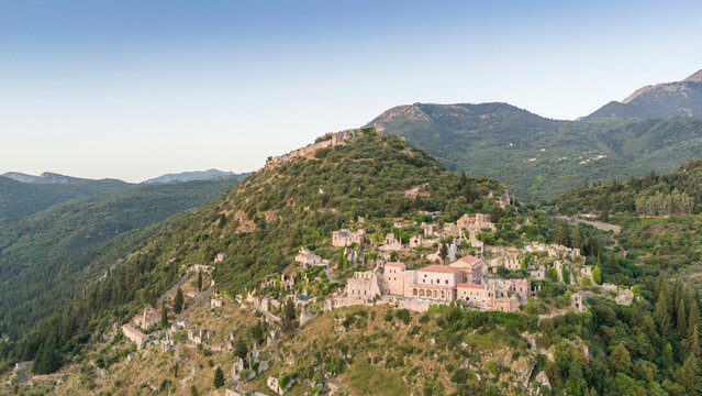 Aerial panoramic view of Sparta city with Taygetus mountains and ancient ruins remains in Peloponnese, Greece