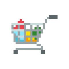 Shopping cart 8 bit icon, Shopping cart pixel item for game interface, Shopping cart game element resource.