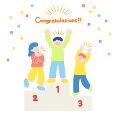 表彰台と喜ぶ人々のおめでたいフラットなイラスト（セット）
