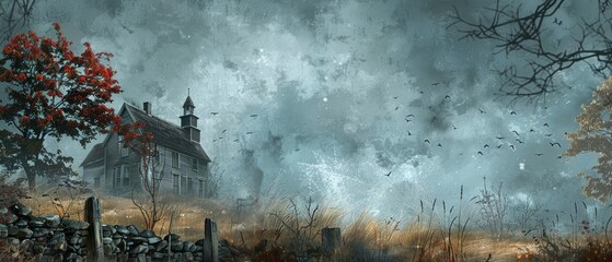 eerie urban landscape painting featuring dark silhouettes of old buildings and towers under a misty sky, with a gothic castle in the background and a moonlit scene