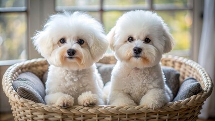 Two adorable bichon frise dogs with stylish haircuts sit together in a plush pet basket, surrounded by soft cushions, exuding warmth and companionship.