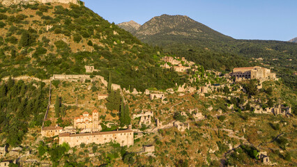 Ruins of old town in Mystras, Greece - archaeology background