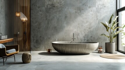 A modern bathroom with a large concrete bathtub, minimalist design, and natural light. The space features a walk-in shower, potted plants, and wooden accents.