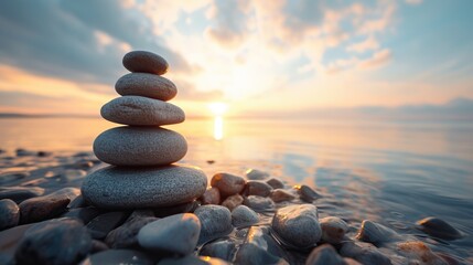 Fototapeta premium A stack of smooth stones balanced on a rocky beach at sunset, with a calm sea and a colorful sky in the background.