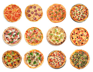 Different tasty pizzas isolated on white, collection