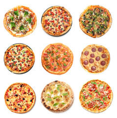 Different tasty pizzas isolated on white, collection