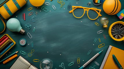 Set of education 3D icons. Back to school equipment concepts. Back to school text in chalkboard element with light bulb and pen educational elements. Copy space for text. Generative AI Illustration.