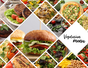 Vegetarian menu. Collage with different tasty dishes