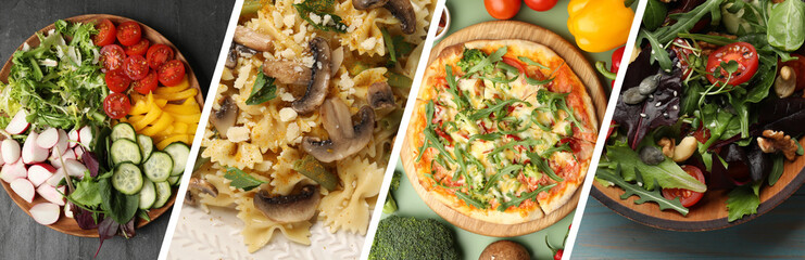 Vegetarian menu, banner design. Collage with different tasty dishes