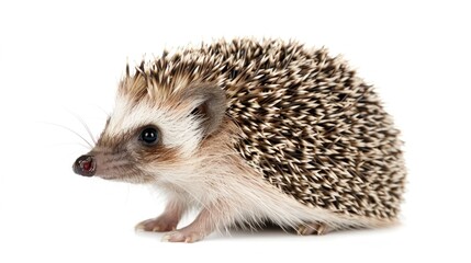 Fototapeta premium Adult male Four toed Hedgehog aka Atelerix albiventris. Sitting side ways, looking curiously up. Isolated on a white background. 