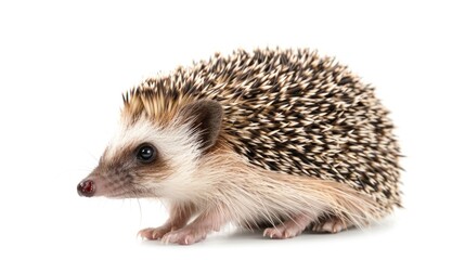 Fototapeta premium Adult male Four toed Hedgehog aka Atelerix albiventris. Sitting side ways, looking curiously up. Isolated on a white background. 