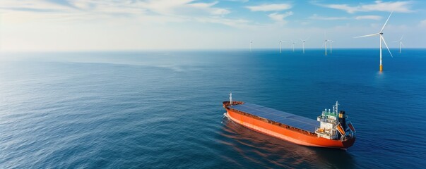 Obraz premium Environmentally friendly cargo ship with solar panels and wind turbines