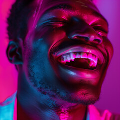 man laughing , in the style of photo-realistic compositions, neon pop, close up, warmcore, emotive faces, photo-realistic hyperbole, in the style of magenta, contemporary candy-coated, high gloss, vib