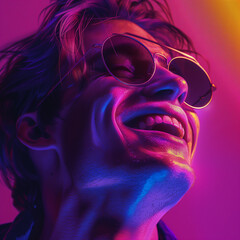 man laughing , in the style of photo-realistic compositions, neon pop, close up, warmcore, emotive faces, photo-realistic hyperbole, in the style of magenta, contemporary candy-coated, high gloss, vib