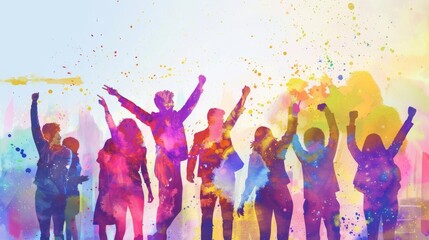 Team of leaders celebrating successful community projects, lively environment, watercolor style