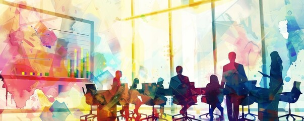 Fototapeta premium Business meeting with digital presentations and graphs, modern setting, watercolor art
