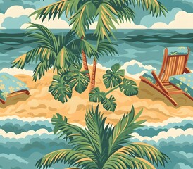 Obraz premium Peaceful Tropical Beachfront Oasis with Swaying Palms and Relaxing Lounges