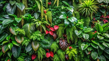 Obraz premium Lush tropical foliage features dark green plants, anthurium, epiphytes, and ferns, forming a stunning green wall design in a majestic cloud forest scenery.