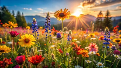 Fototapeta premium Vibrant wildflowers of various shapes and colors sway gently in the warm sunlight against a serene, blurred natural backdrop on a peaceful day.