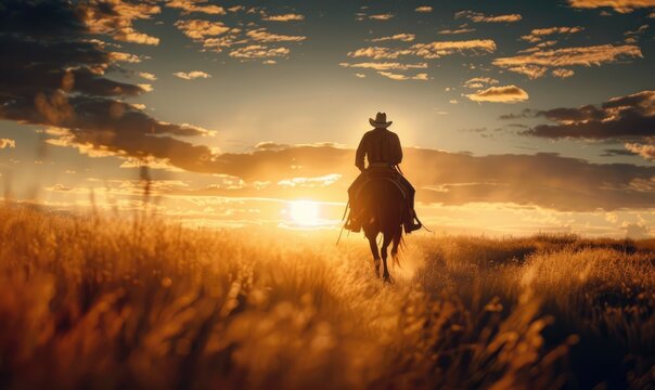 A cowboy is riding off into sunset