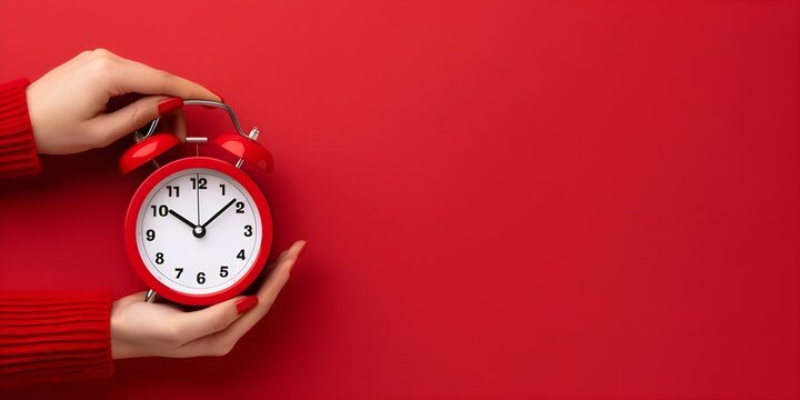 Hand holding red alarm clock against red background symbolizing time management. Concept Time Management, Clock Photography, Red Background, Alarm Clock, Hand Holding