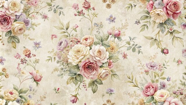 Delicate, distressed vintage floral wallpaper featuring intricate bouquets of roses, daisies, and lilacs on a soft, creamy background with subtle texture and worn edges.