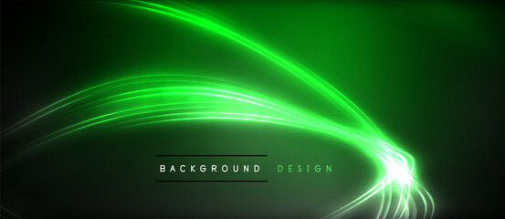 Neon glowing circle rays, light round lines in the dark, planet style neon wave lines. Energetic electric concept design for wallpaper, banner, background