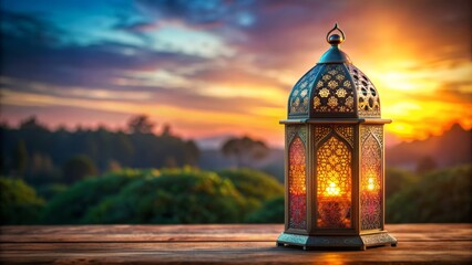 Fototapeta premium Intricately designed arabian lantern fanoos stands on a lavish podium amidst a serene islamic landscape, celebrating ramadan's beauty, with a blank copy space on a vibrant wallpaper background.