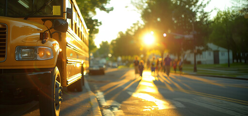 students and parents at a crosswalk, a school bus picks up students on the first day of school for young kids