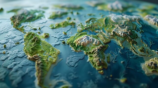 Fototapeta 3D rendered world map with exaggerated topographic relief and hyperdetailed geography