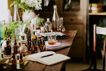 Old wooden table with huge number of glass bottles with perfume samples and essential oils, green plants in clay pots and notebook with pen in home perfume lab