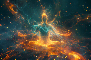 A fiery, meditative figure in a lotus position, enveloped in swirling, energetic light trails, representing intense focus and inner energy.