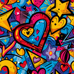 A vibrant, colorful abstract design featuring hearts, stars, and geometric shapes in a graffiti-style pattern.