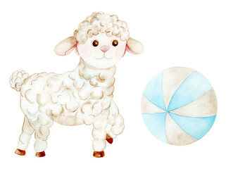 Cute sheep and ball. The watercolor illustration is hand drawn.Suitable for textiles, scrap paper, wallpaper, wrapping paper, cards, invitations and children's party decorations.