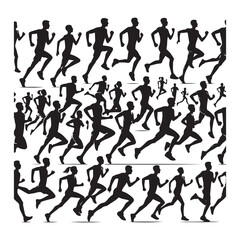 Big set of black silhouettes of runners, vector