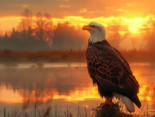 Fototapeta premium Majestic eagle over marshlands, twilight colors, wide shot, reflective waters, sharp focus, calm and serene