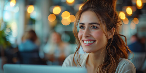 Smiling business people having a discussion in an office crowded around a laptop 