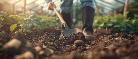 Farmer digging soil with shovel, inside greenhouse, bright natural light, fertile earth, ready for planting, focused and determined